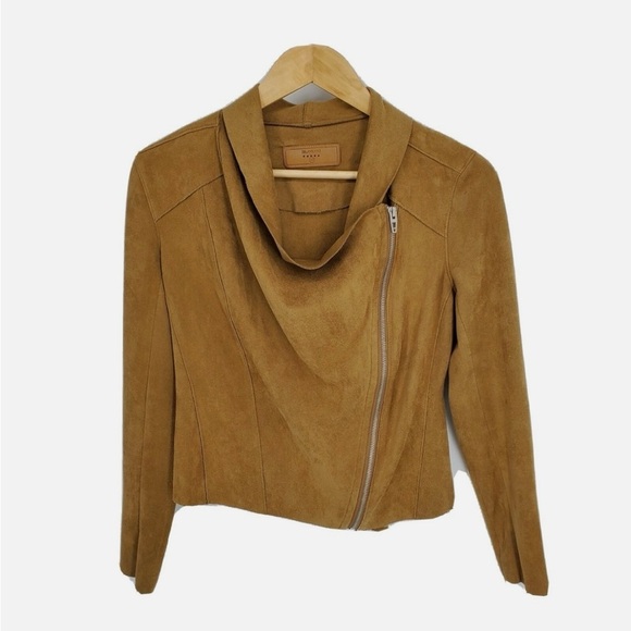 BlankNYC Womens Faux Suede Drape Front Moto Jacket Full Zip Camel Brown Size XL - Picture 2 of 9